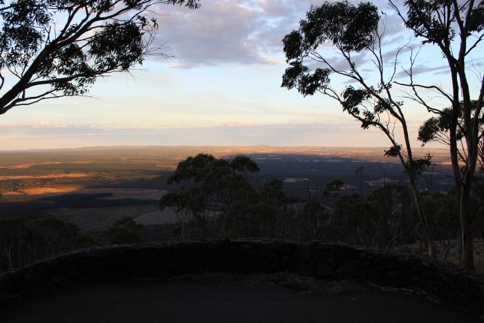 Early morning view from Major Mitchell lookout with Mount Macedon casting a long shadow.