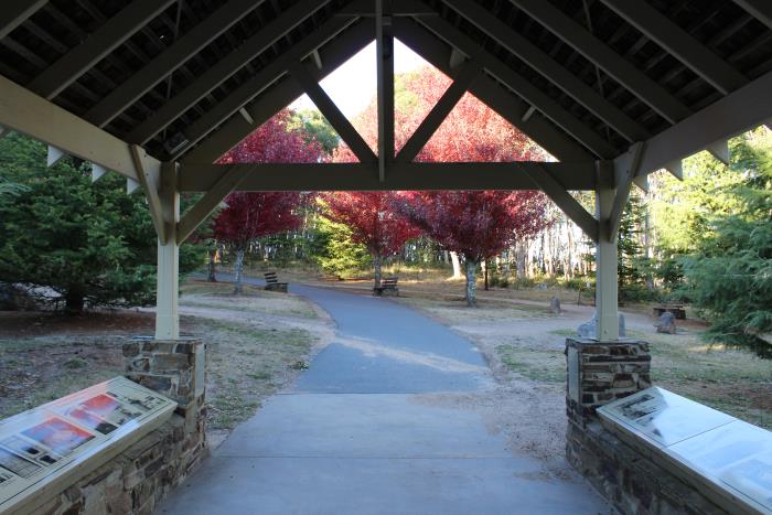 View from inside the gatehouse looking at the red maple trees.